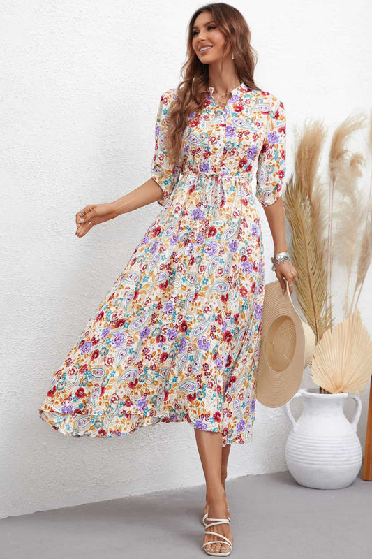 Women’s Floral Notched Neck Half Sleeve Dress