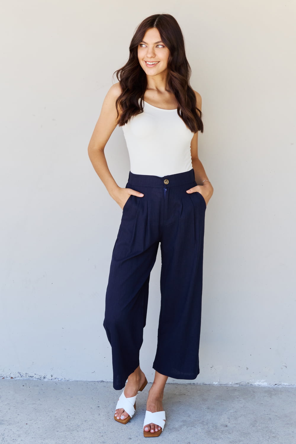 Women’s And The Why In The Mix Full Size Pleated Detail Linen Pants in Dark Navy