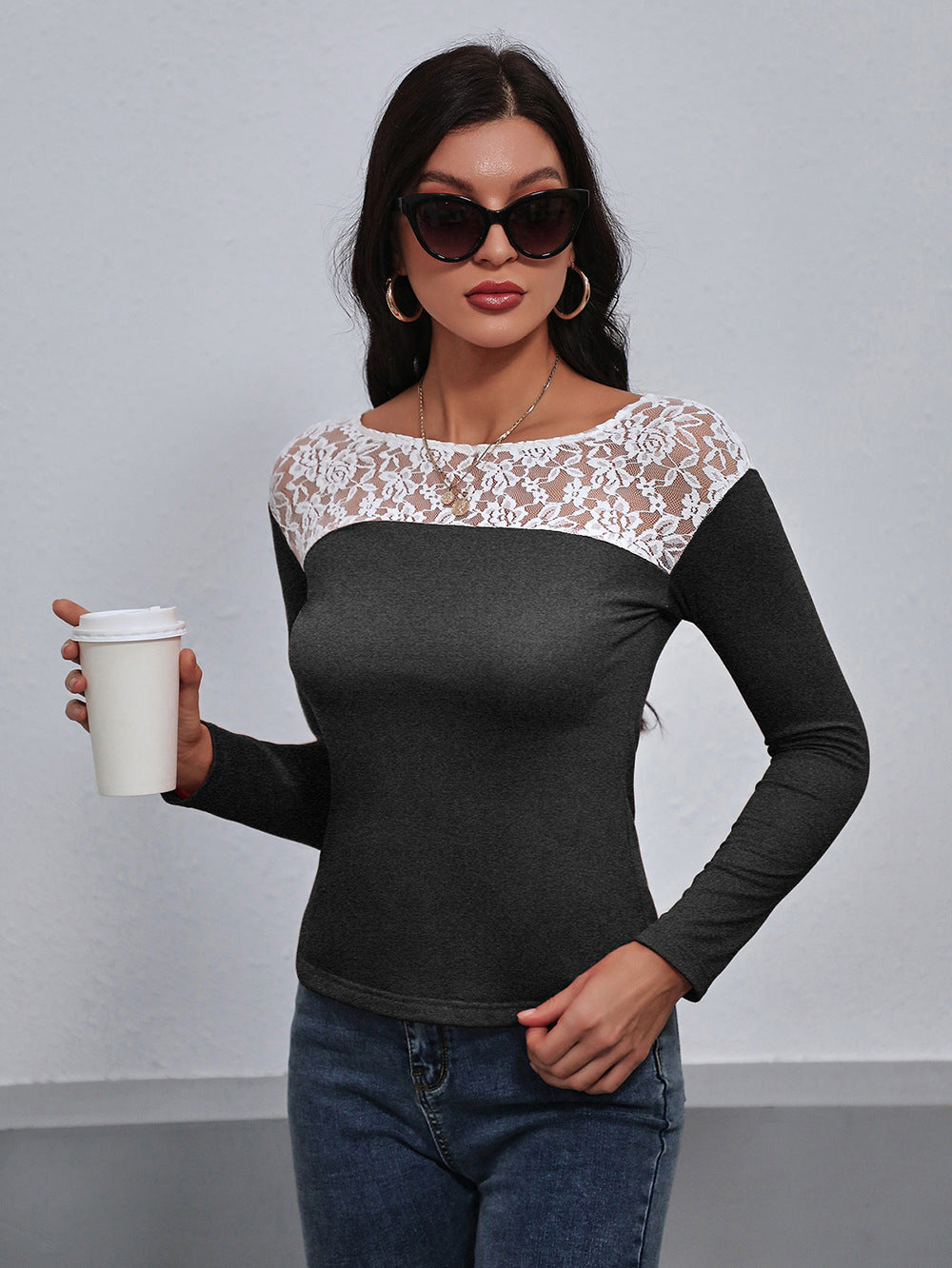 Women’s Lace Trim Long Sleeve Round Neck Tee