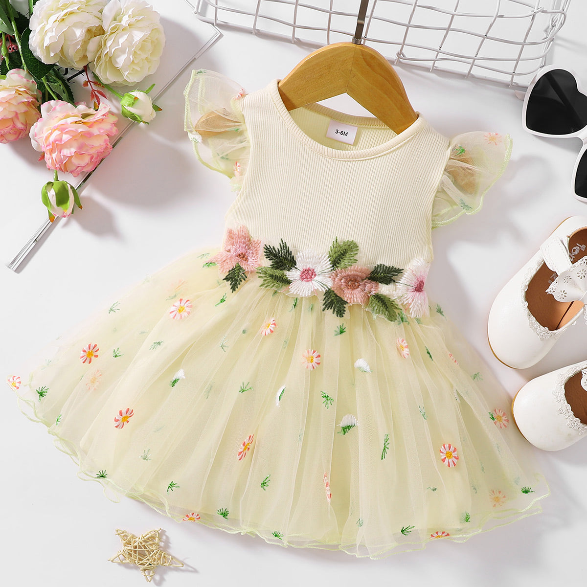 Children’s Girls Embroidered Round Neck Flutter Sleeve Dress