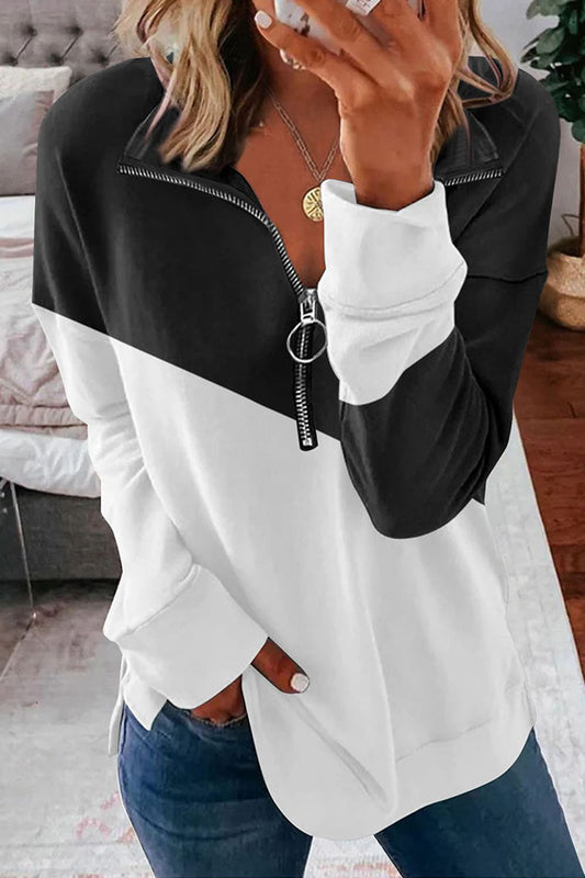 Women’s Contrast Zip-Up Collared Neck Dropped Shoulder Blouse