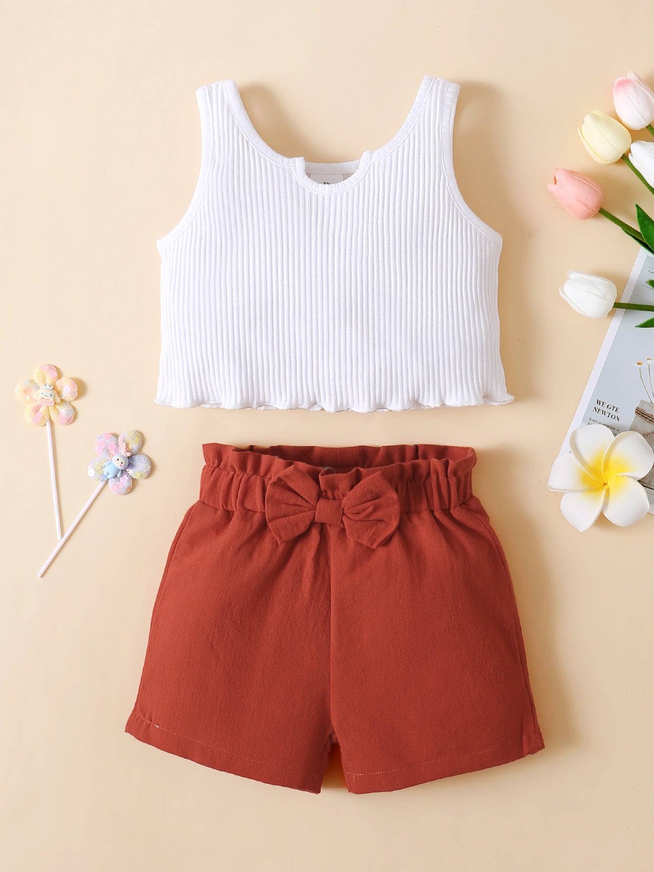 Children’s Girls Ribbed Notched Tank and Bow Detail Shorts Set