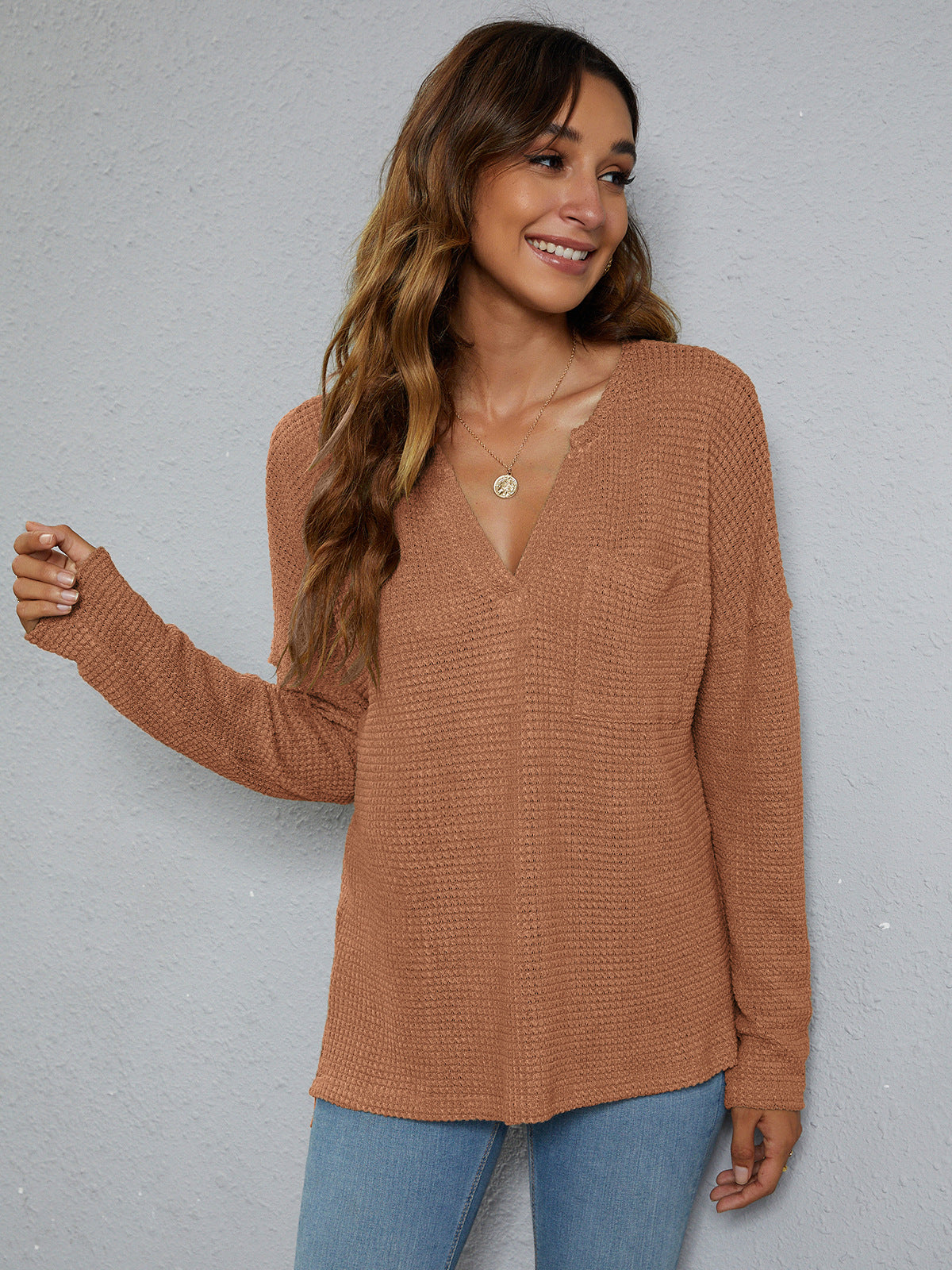 Women’s Dropped Shoulder High-Low Waffle-Knit Top