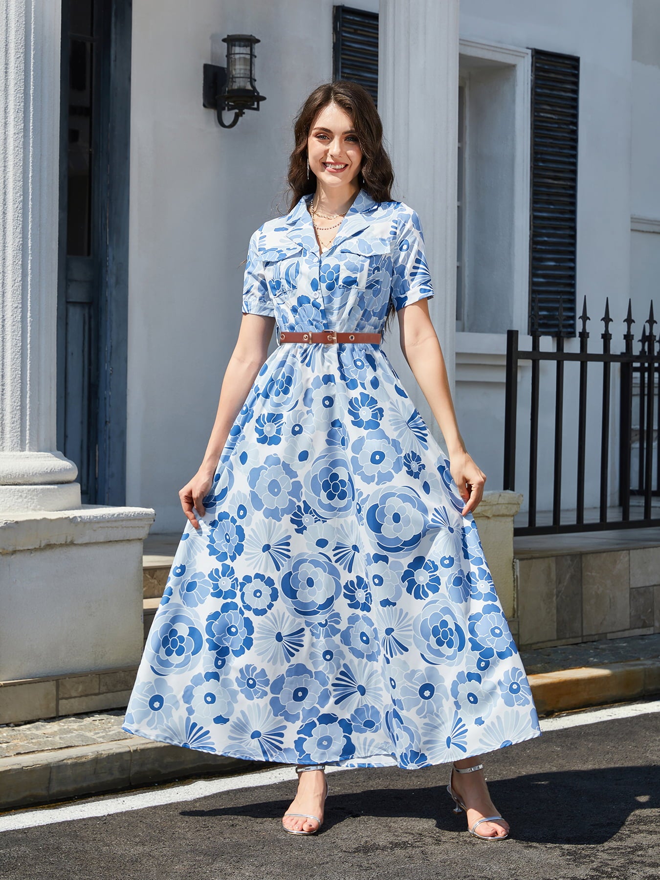 Women’s Floral Print Lapel Collar Short Sleeve Maxi Dress