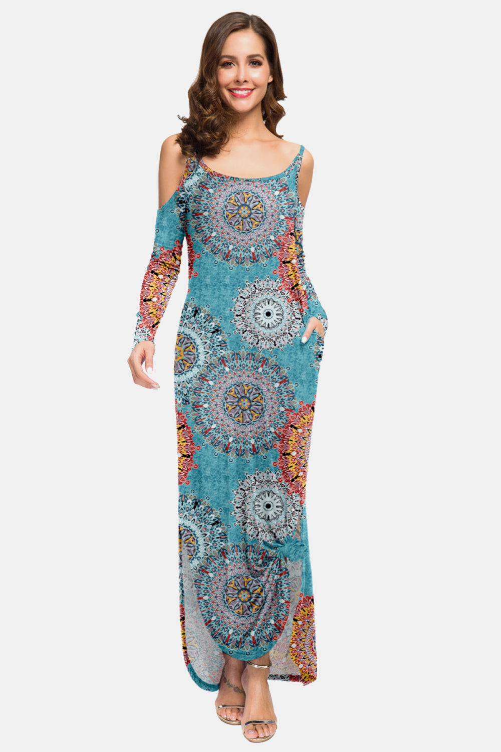 Women’s Printed Cold-Shoulder Slit Maxi Dress