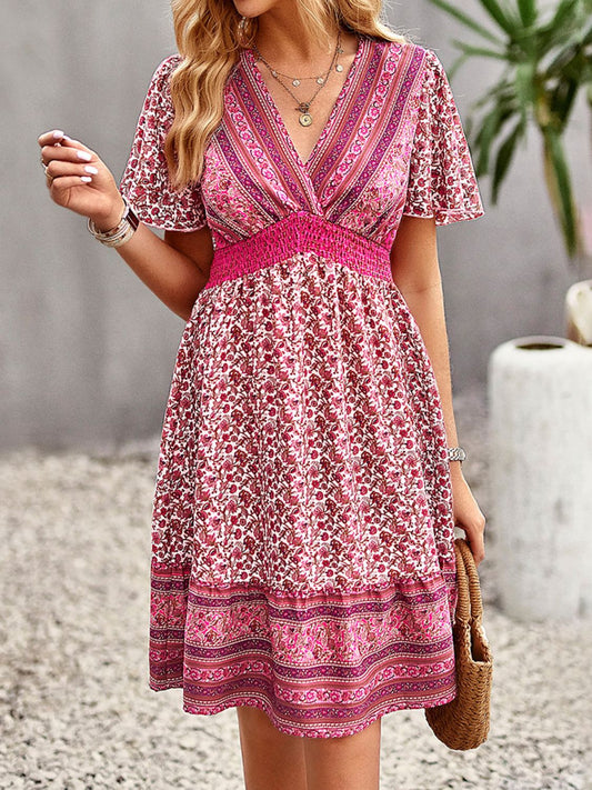 Women’s Floral Print Bohemian Style V-Neck Flutter Sleeve Dress