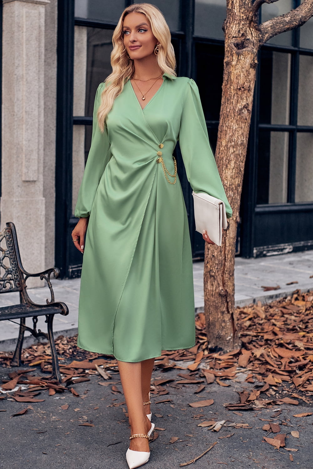 Women’s Surplice Neck Puff Sleeve Midi Dress