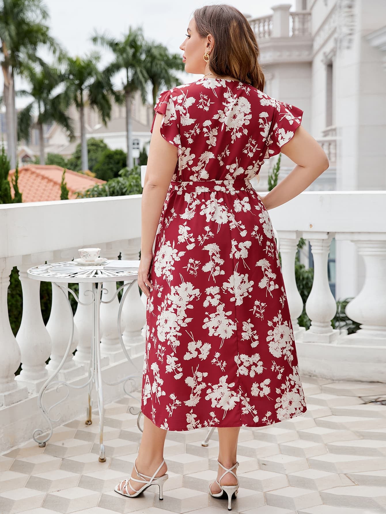 Women’s Plus Size Floral Tie Waist Surplice Neck Midi Dress