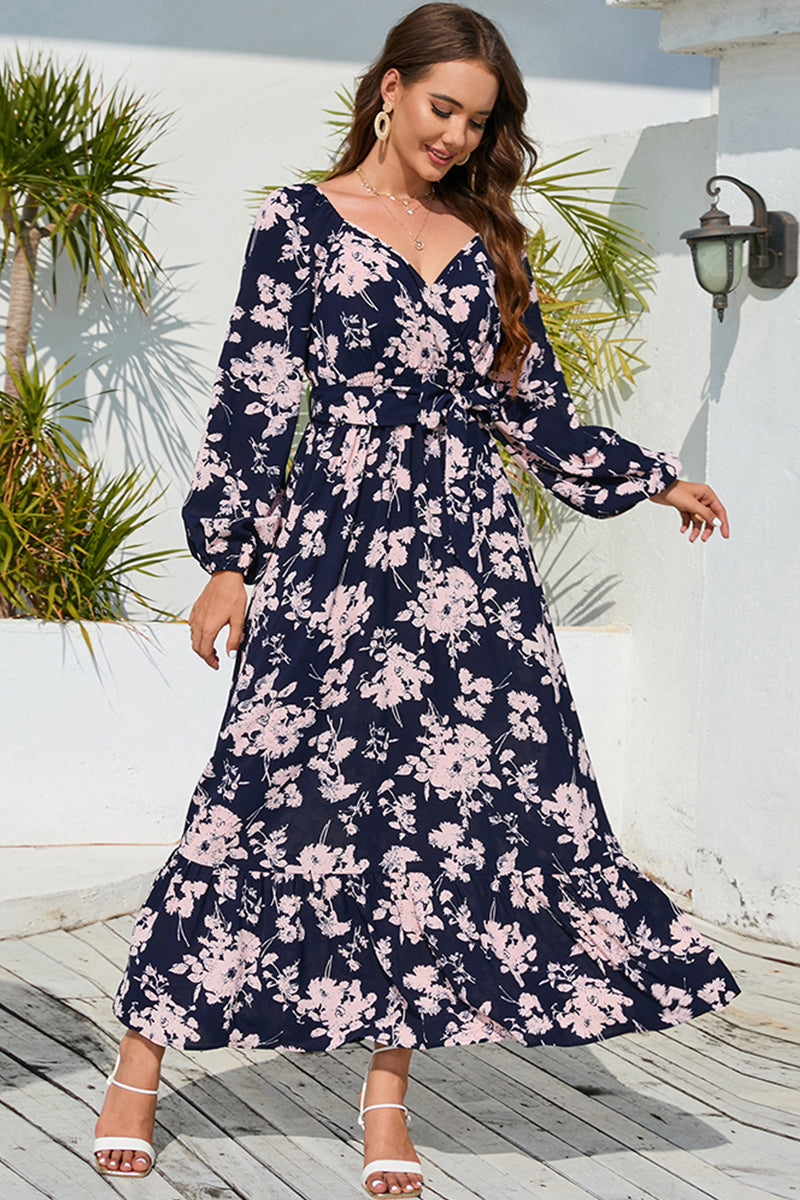 Women’s Floral Print V-Neck Long Sleeve Maxi Dress