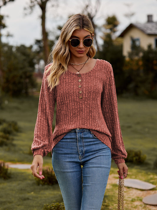 Women’s Round Neck Button-Down Long Sleeve Tee