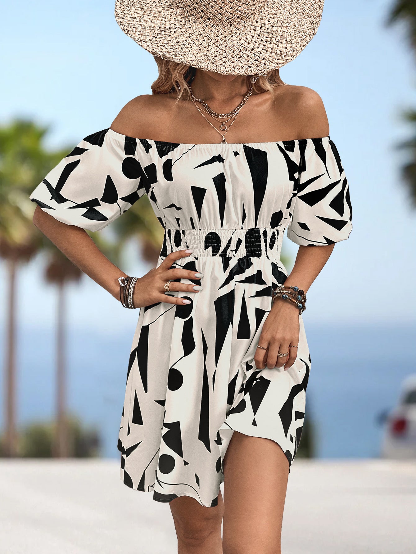 Women’s Printed Off-Shoulder Smocked Waist Dress