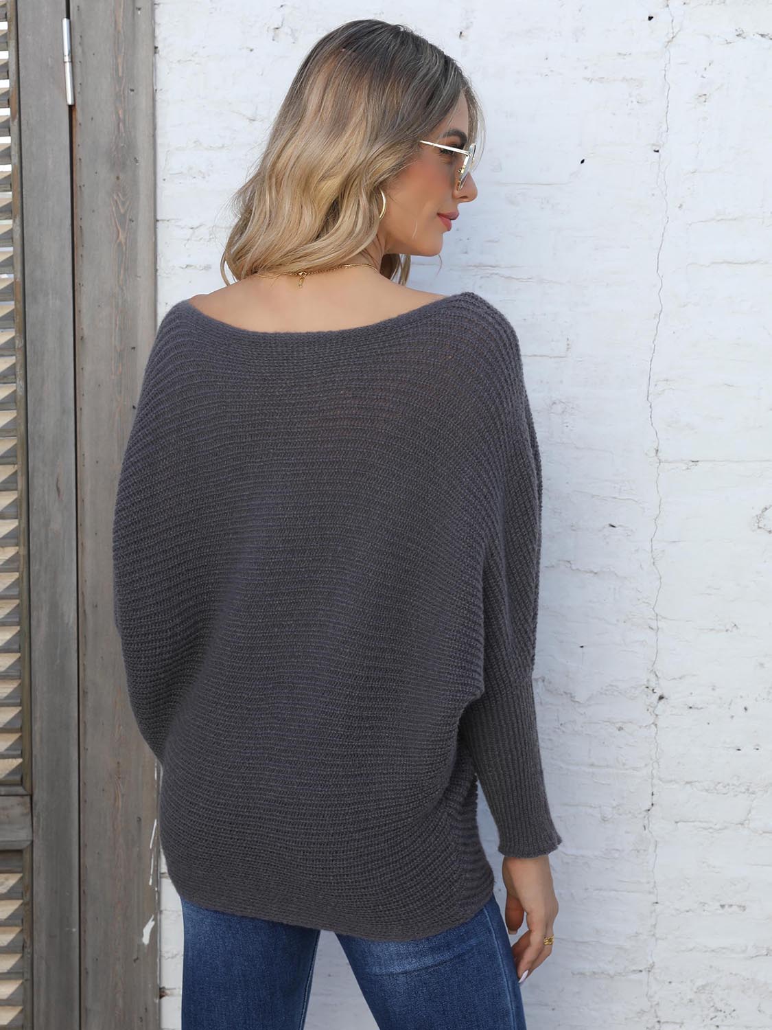 Women’s Full Size Horizontal Ribbing Dolman Sleeve Sweater