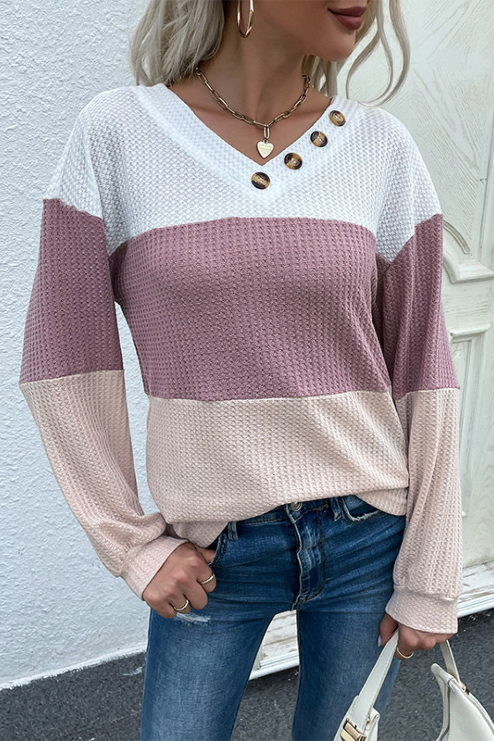 Women's Color Block Waffle Knit Button Detail Sweater  Size S-XL
