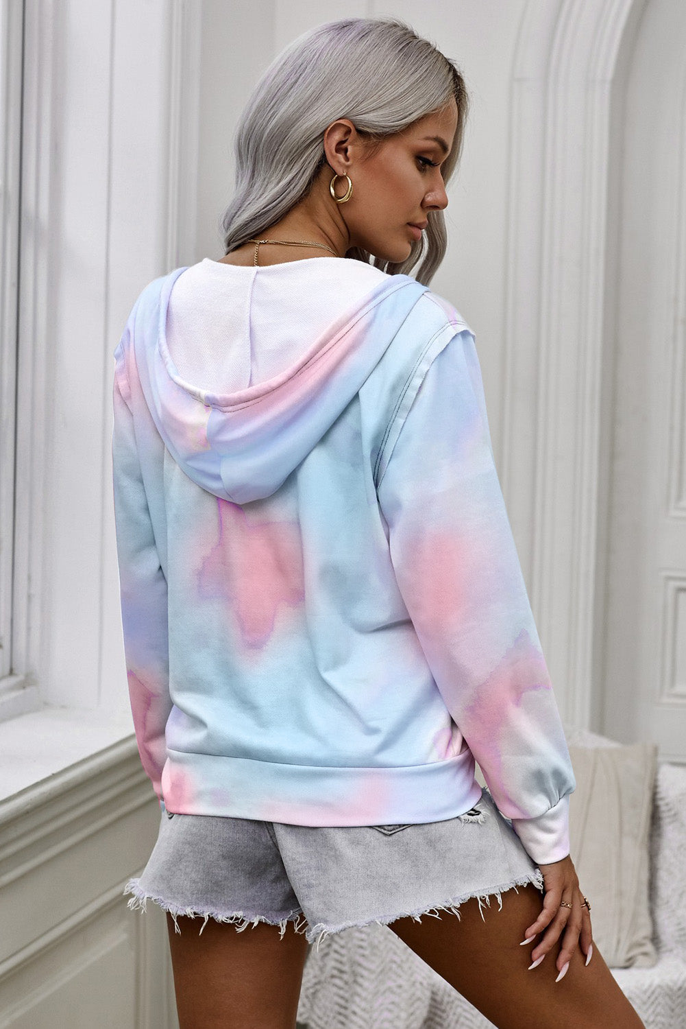 Women’s Tie-Dye Drawstring Detail Zip Up Hooded Jacket