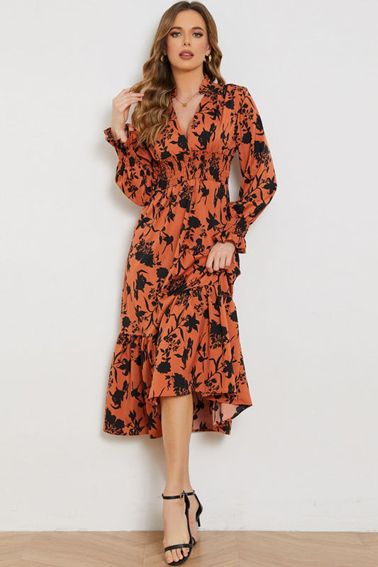 Women’s Floral Smocked Long Flounce Sleeve Dress