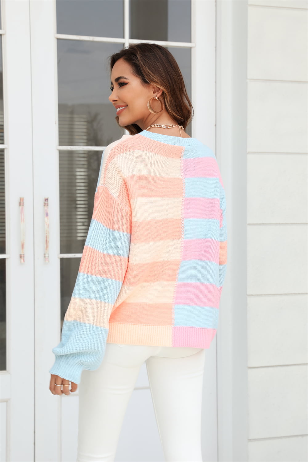 Women’s Round Neck Long Sleeve Color Block Dropped Shoulder Pullover Sweater