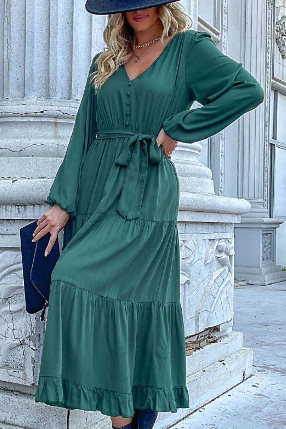 Women’s Buttoned V-Neck Puff Sleeve Tiered Dress