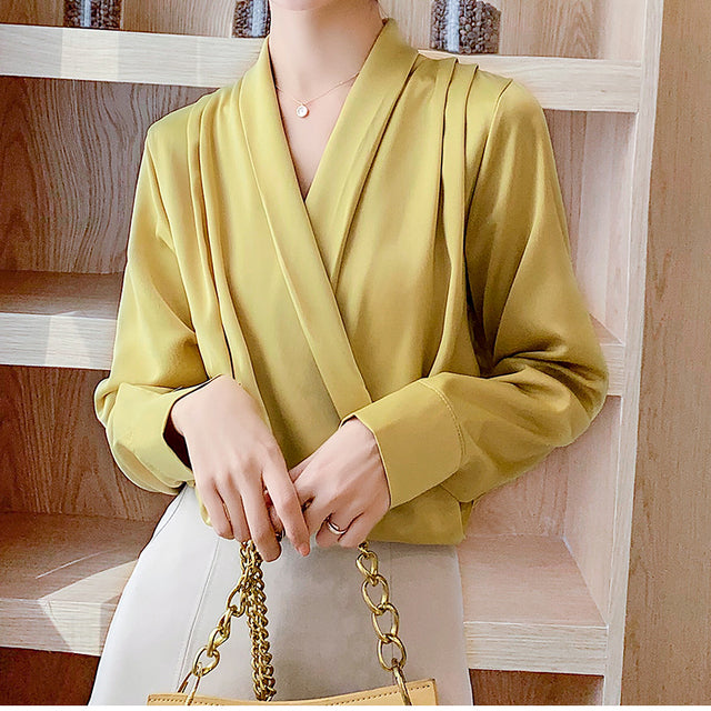 Women’s V-Neck Chiffon Satin Pullover Style Long Sleeve Blouse