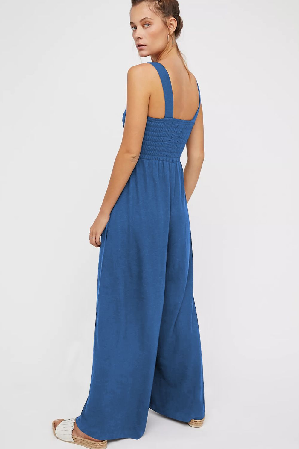 Women’s Smocked Square Neck Wide Leg Jumpsuit with Pockets