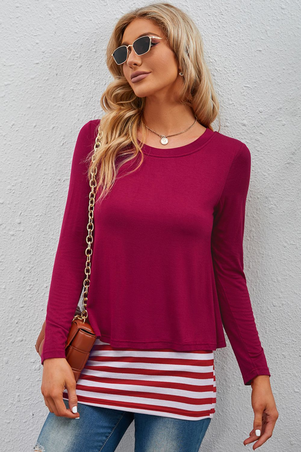 Women’s Full Size Striped Faux Layered Long Sleeve Top