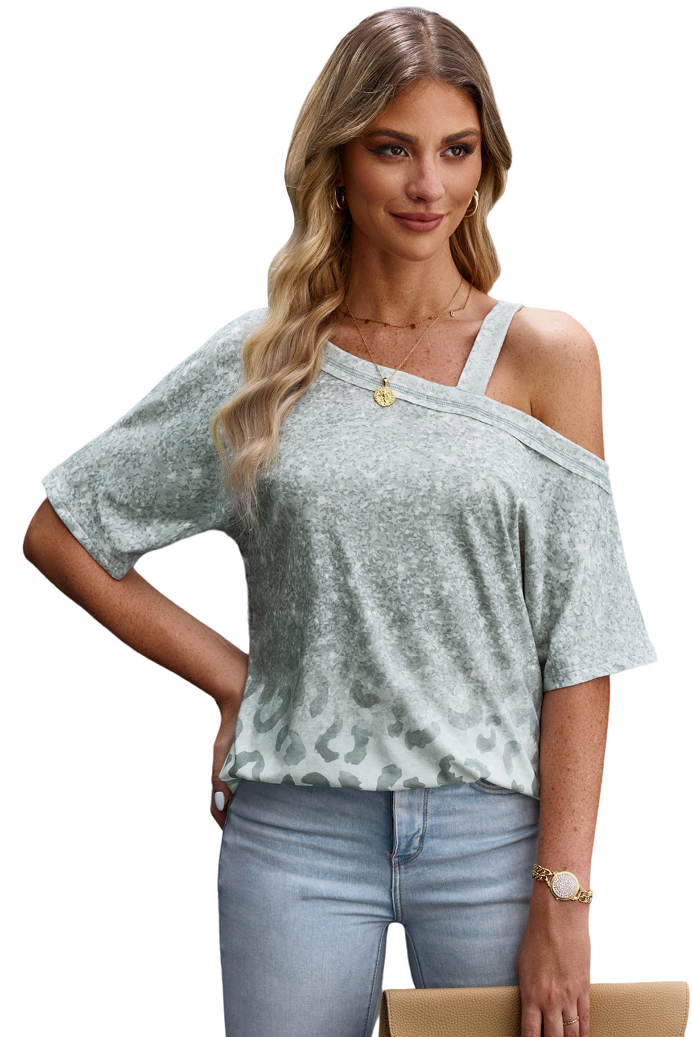 Women’s Leopard Asymmetrical Neck Cold-Shoulder Blouse