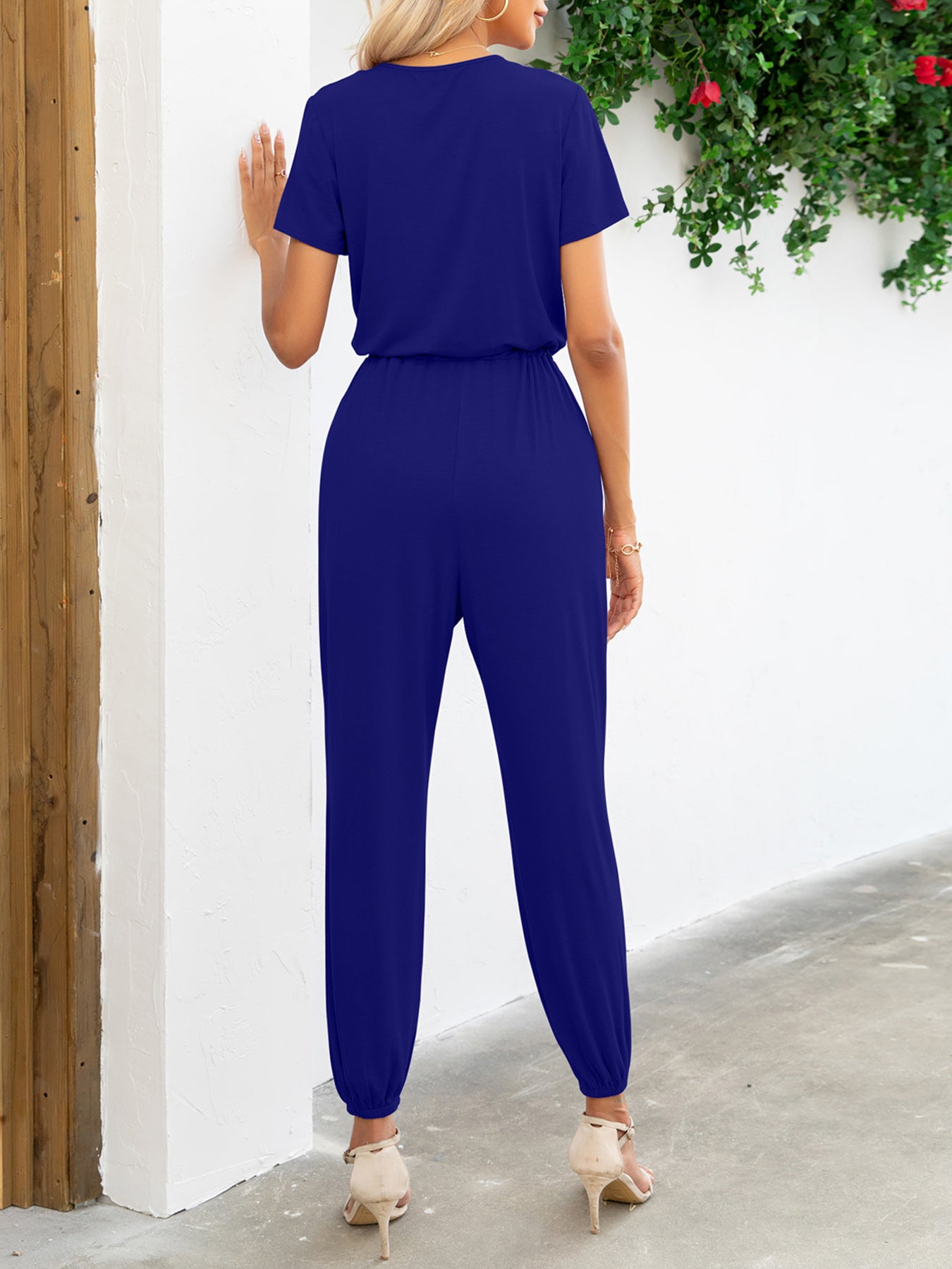 Women’s Short Sleeve V-Neck Jumpsuit with Pockets