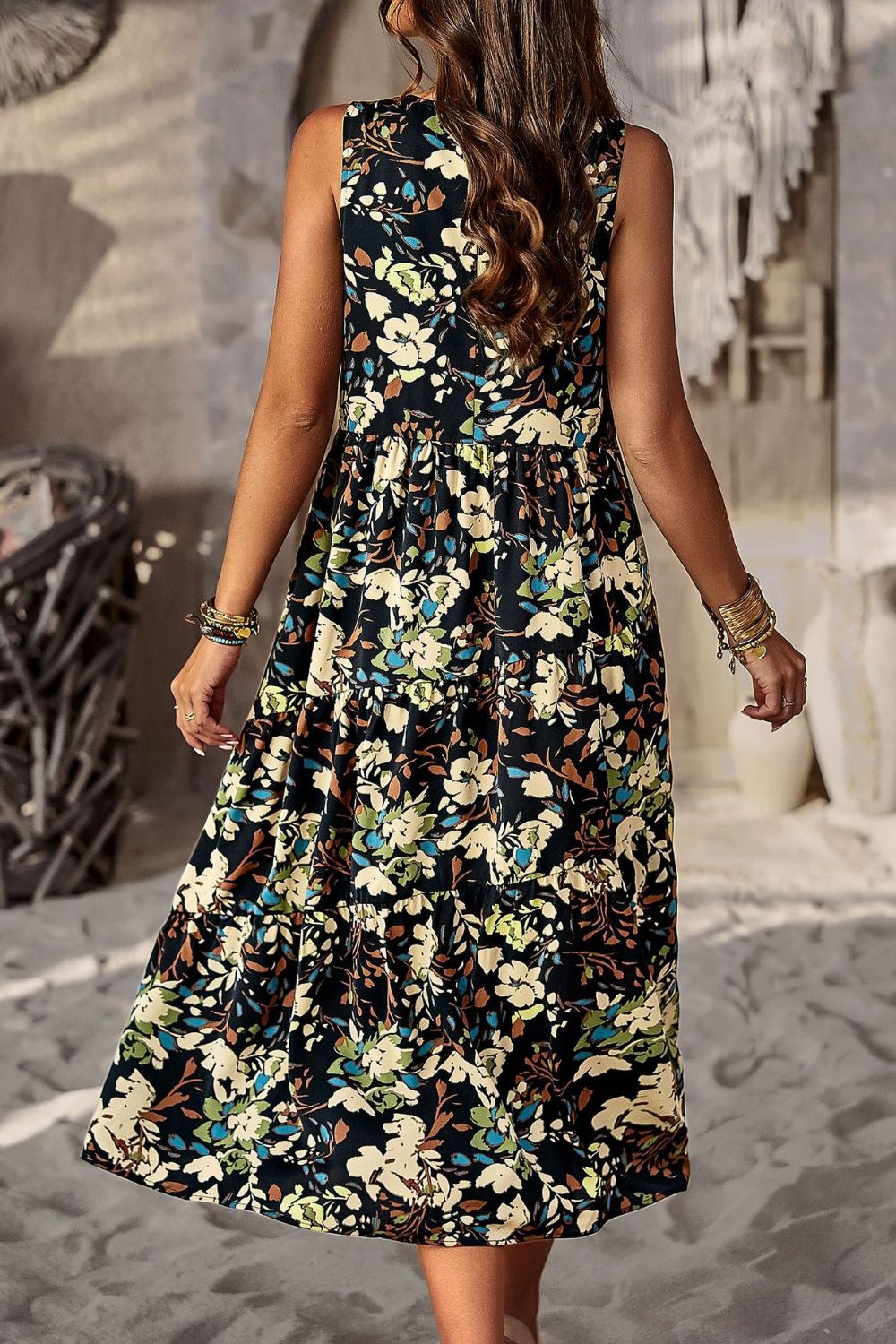 Women’s Printed Sleeveless Midi Dress with Pocket