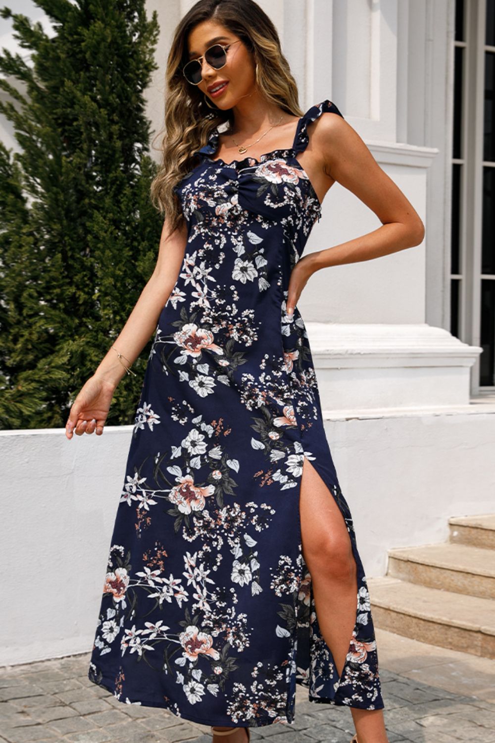 Women’s Floral Print Sleeveless Square Neck Slit Midi Dress