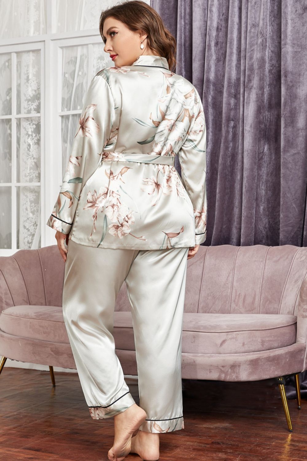 Women’s Plus Size Floral Belted Robe and Pants Pajama Set