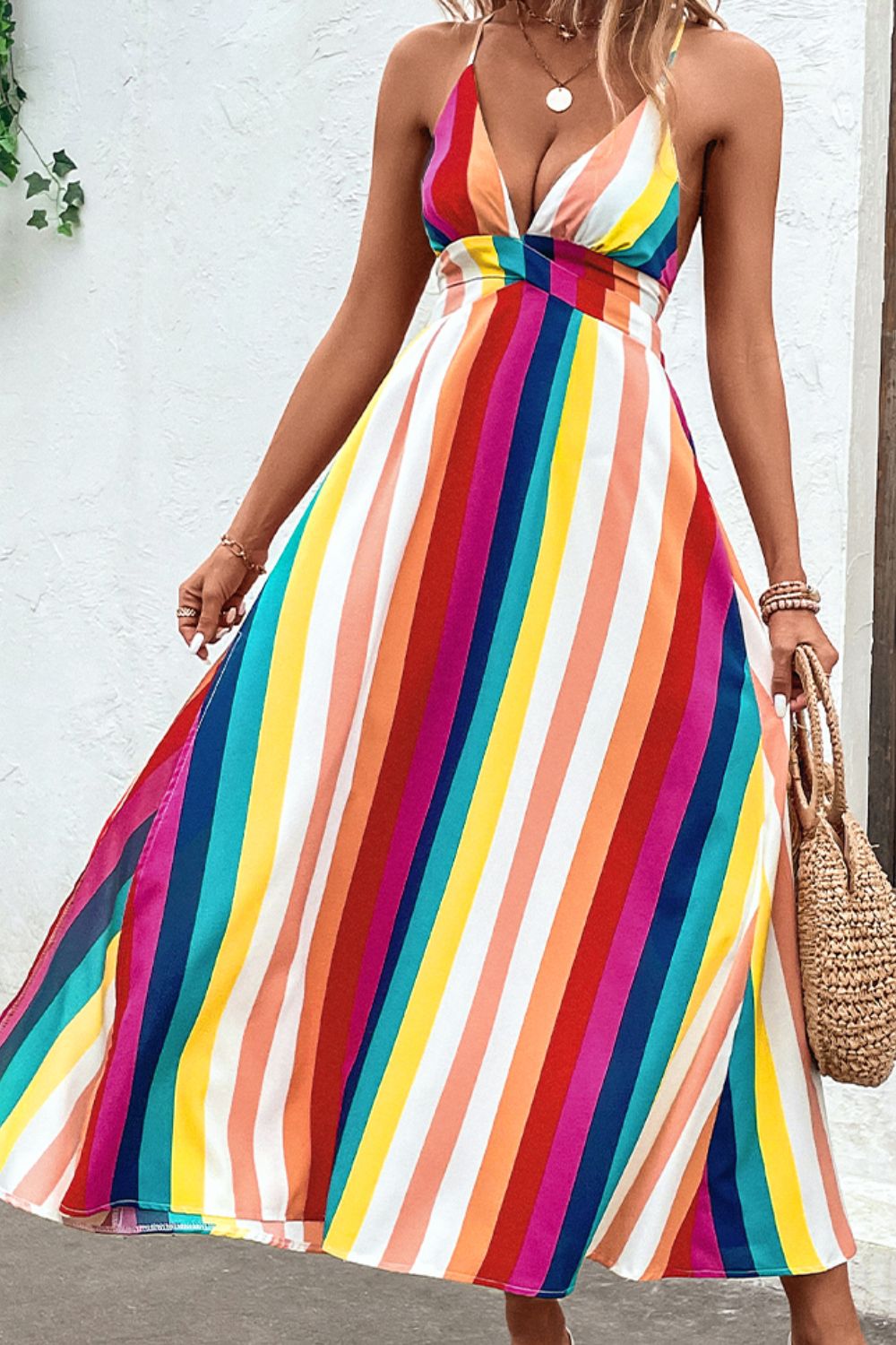 Women’s Multicolored Stripe Crisscross Backless Dress