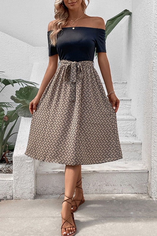 Women’s Printed Tie Belt Off-Shoulder Dress