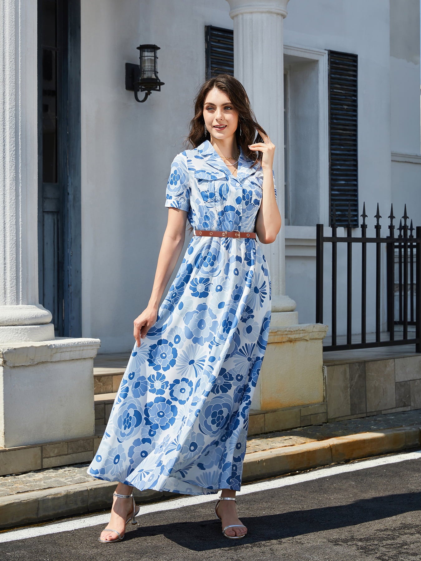 Women’s Floral Print Lapel Collar Short Sleeve Maxi Dress