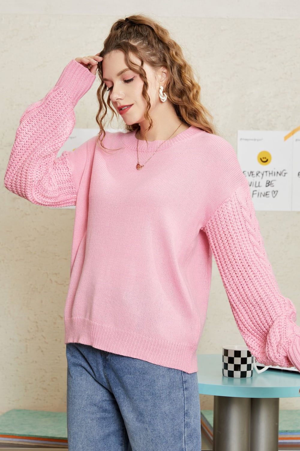 Women’s Round Neck Cable-Knit Dropped Shoulder Sweater