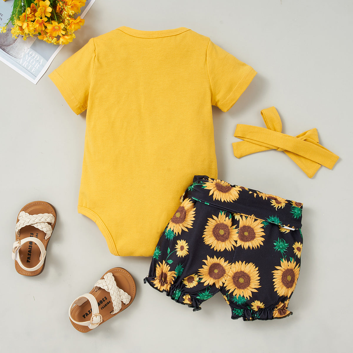 Children’s Girls HELLO SUMMER Bodysuit and Sunflower Print Pants Set