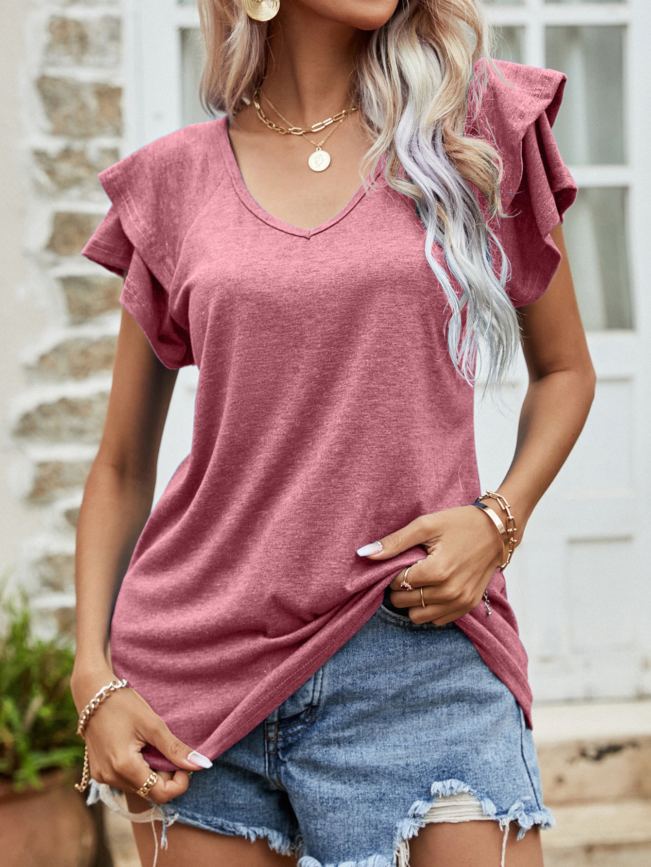 Women’s Layered Flutter Sleeve V-Neck Top