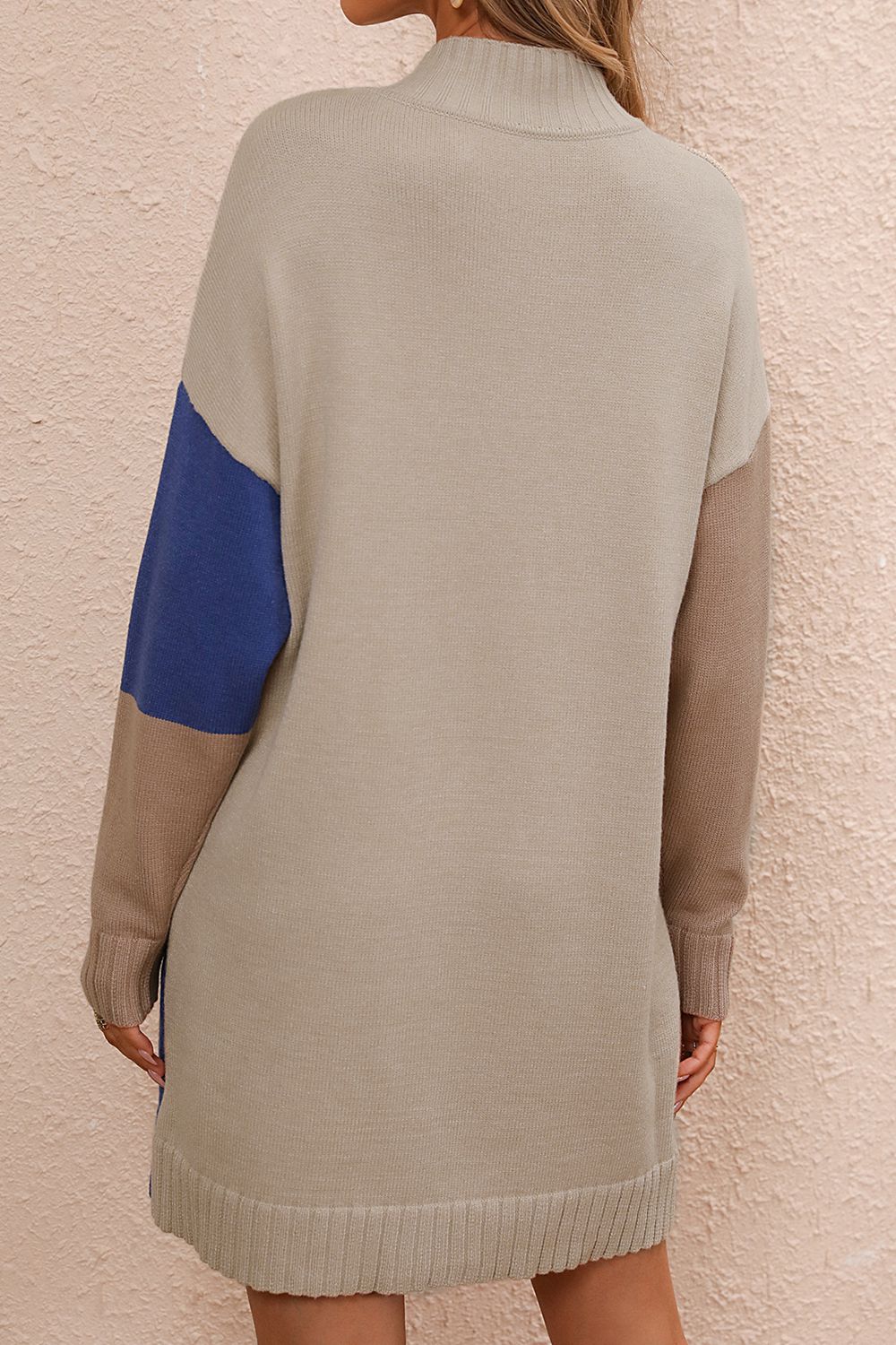 Women’s Color Block Mock Neck Dropped Shoulder Sweater Dress