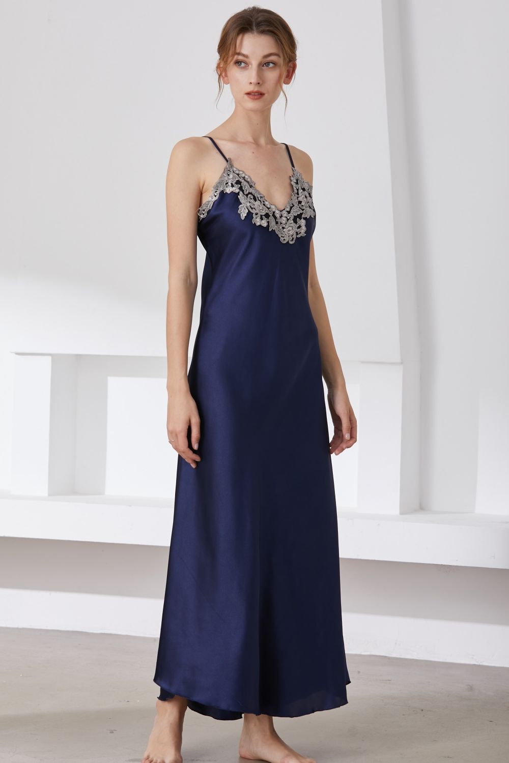 Women’s Full Size Lace Trim V-Neck Spaghetti Strap Satin Night Dress