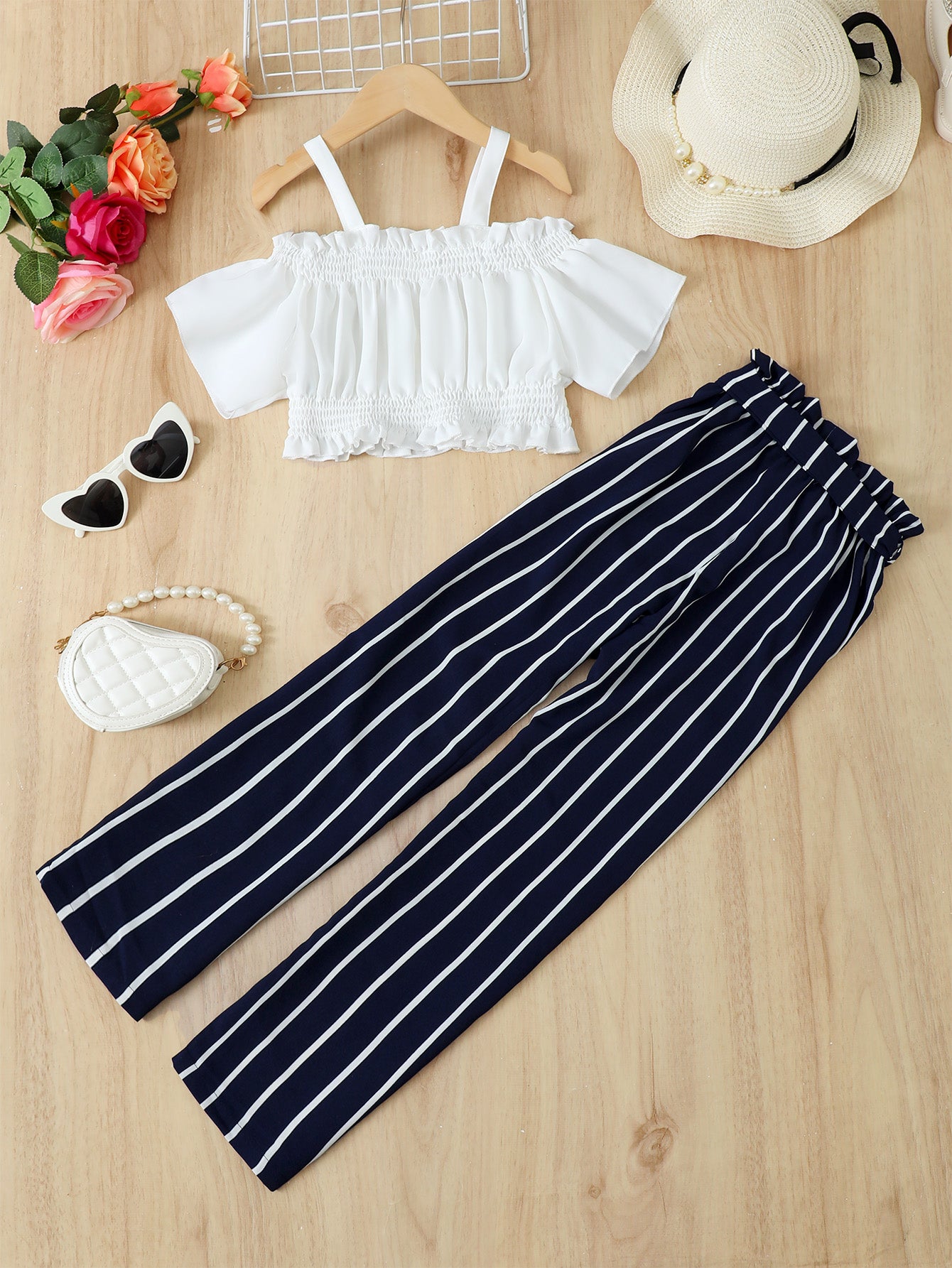 Children’s Girls Frill Trim Cropped Top and Striped Pants Set