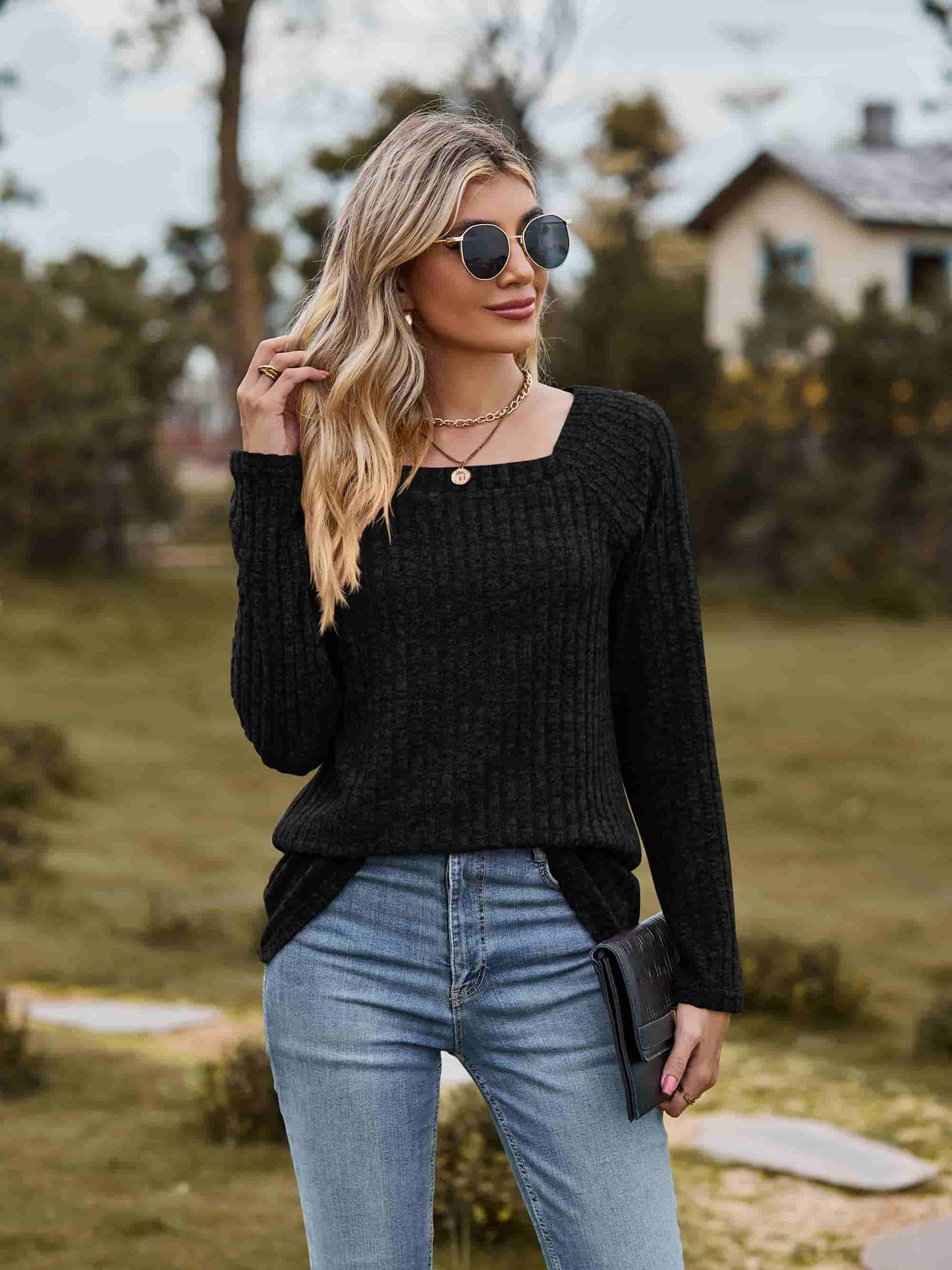 Women’s Ribbed Square Neck Long Sleeve Tee