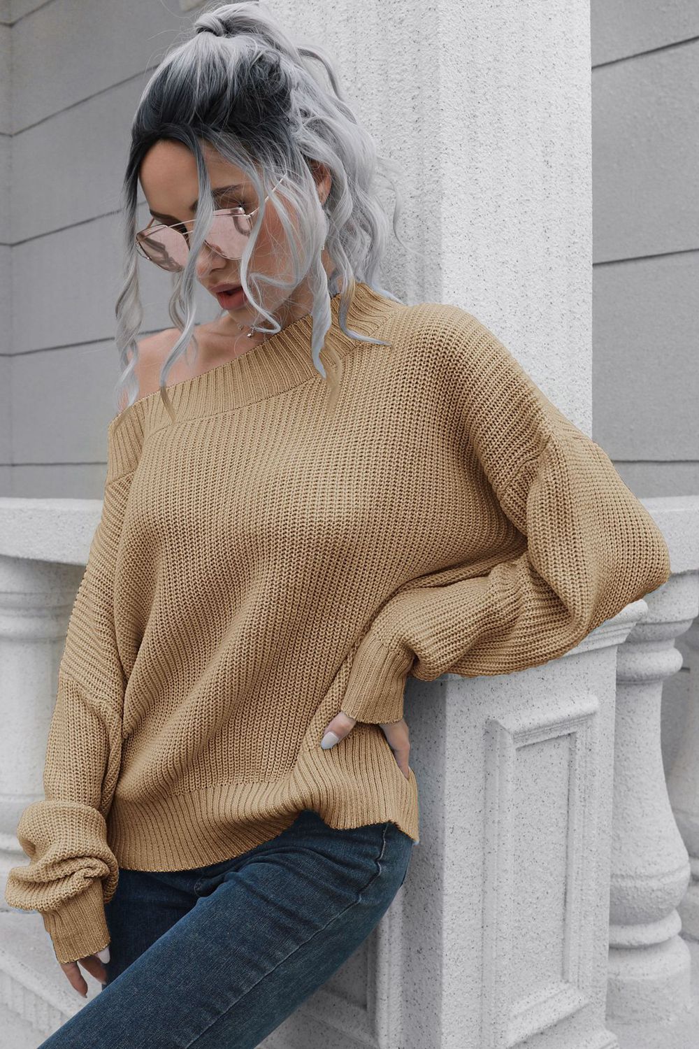 Women’s Off-Shoulder Ribbed Long Sleeve Pullover Sweater