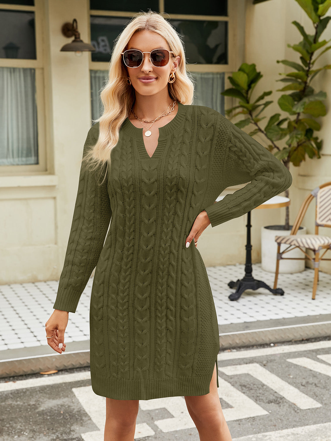 Women’s Notched Neck Cable-Knit Slit Sweater Dress