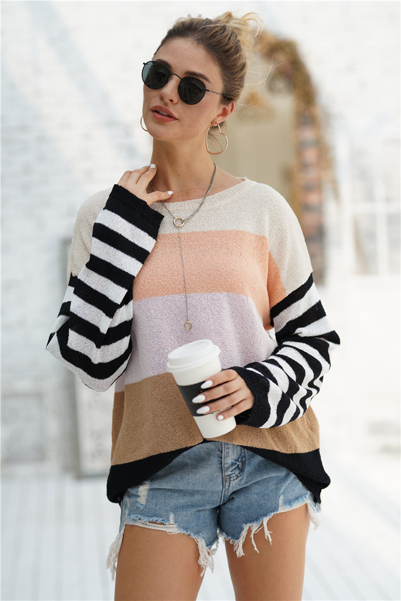Women’s Striped Ribbed Trim Bell Sleeve Sweater