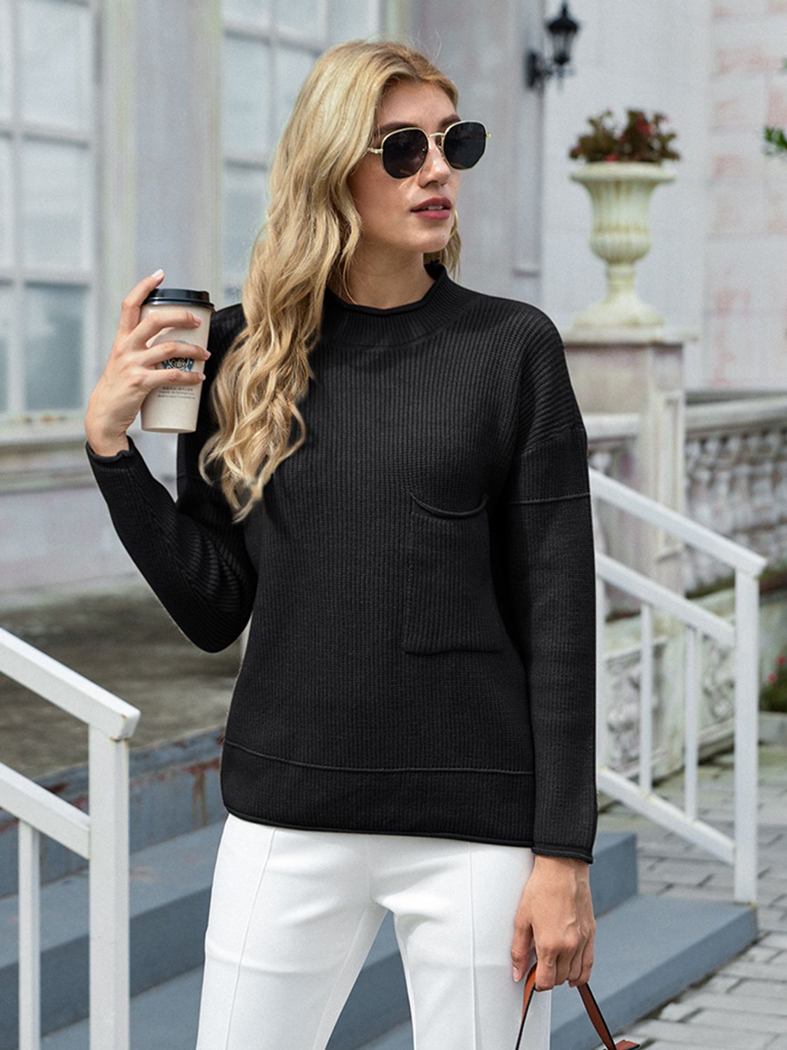 Women’s Round Neck Dropped Shoulder Sweater with Pocket