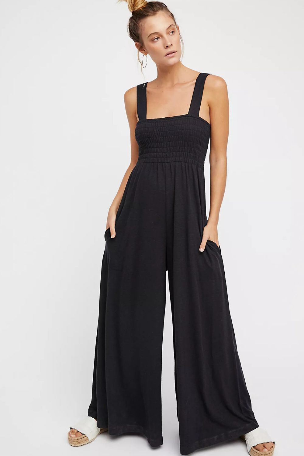 Women’s Smocked Square Neck Wide Leg Jumpsuit with Pockets