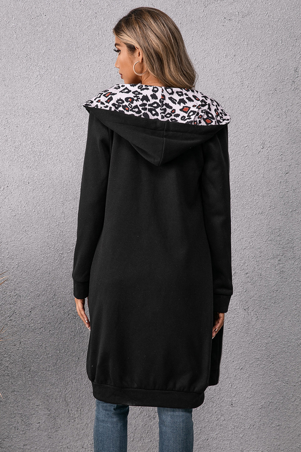 Women's Leopard Spliced Drawstring Zip Up Hoodie Size S-XL
