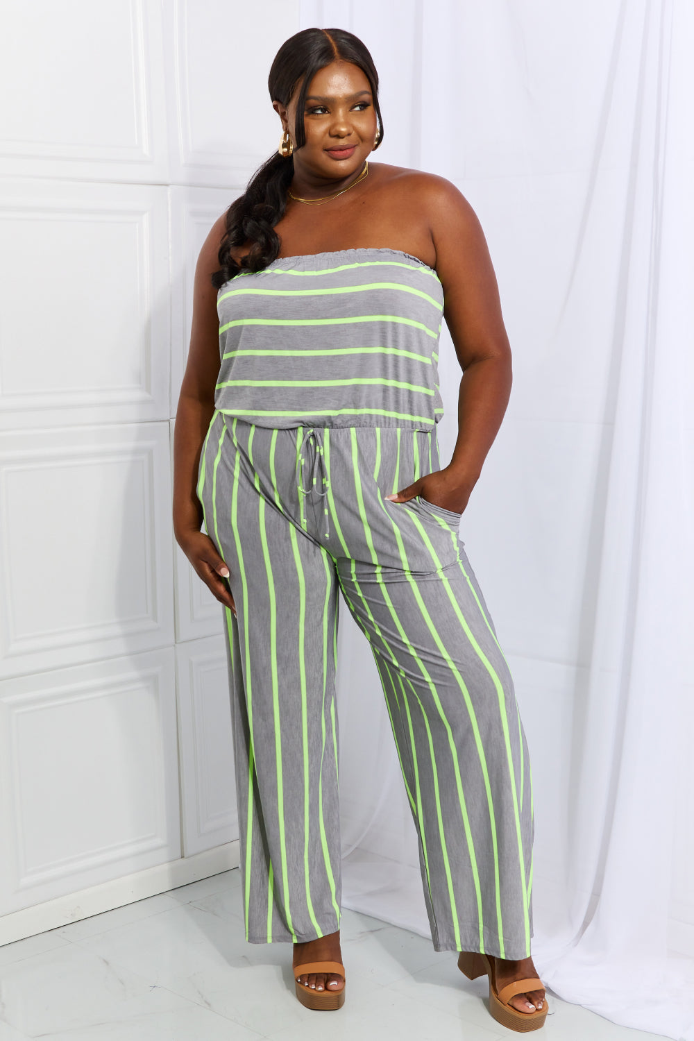 Women’s Sew In Love Pop Of Color Full Size Sleeveless Striped Jumpsuit