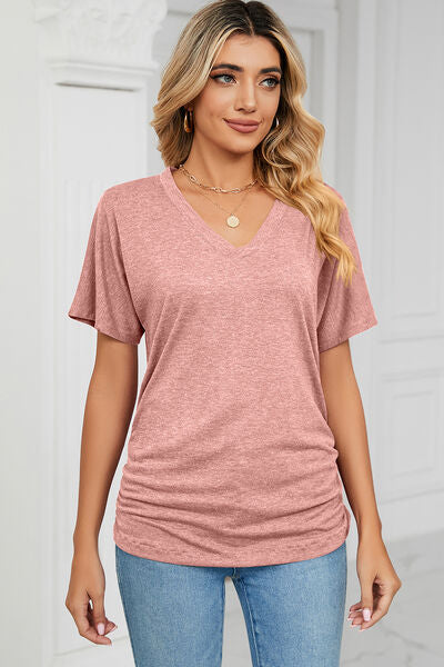 Women’s Ruched V-Neck Short Sleeve T-Shirt