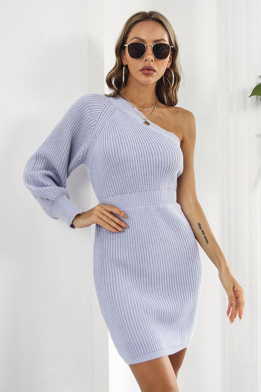 Women’s One Shoulder Raglan Sleeve Pencil Sweater Dress
