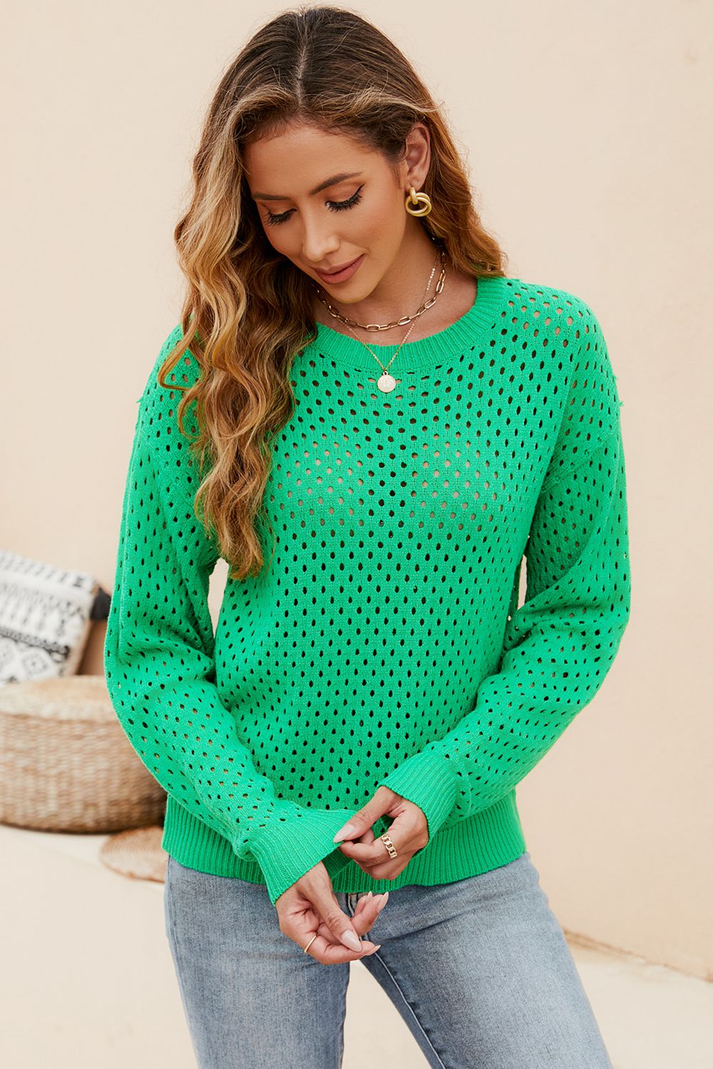 Women’s Round Neck Openwork Dropped Shoulder Knit Top