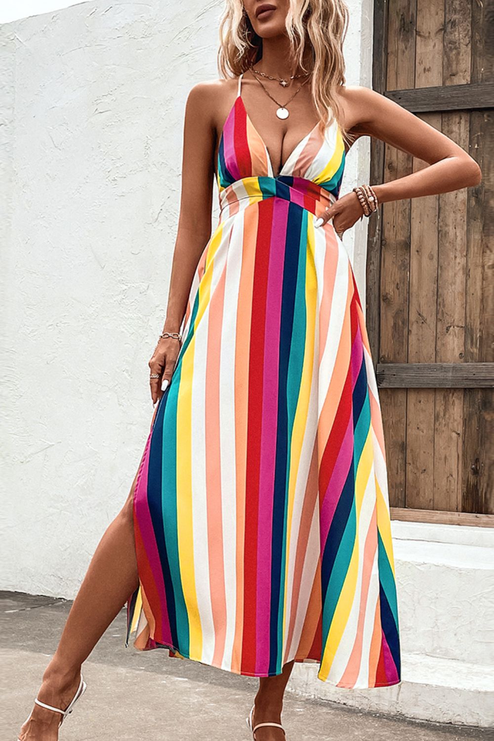 Women’s Multicolored Stripe Crisscross Backless Dress